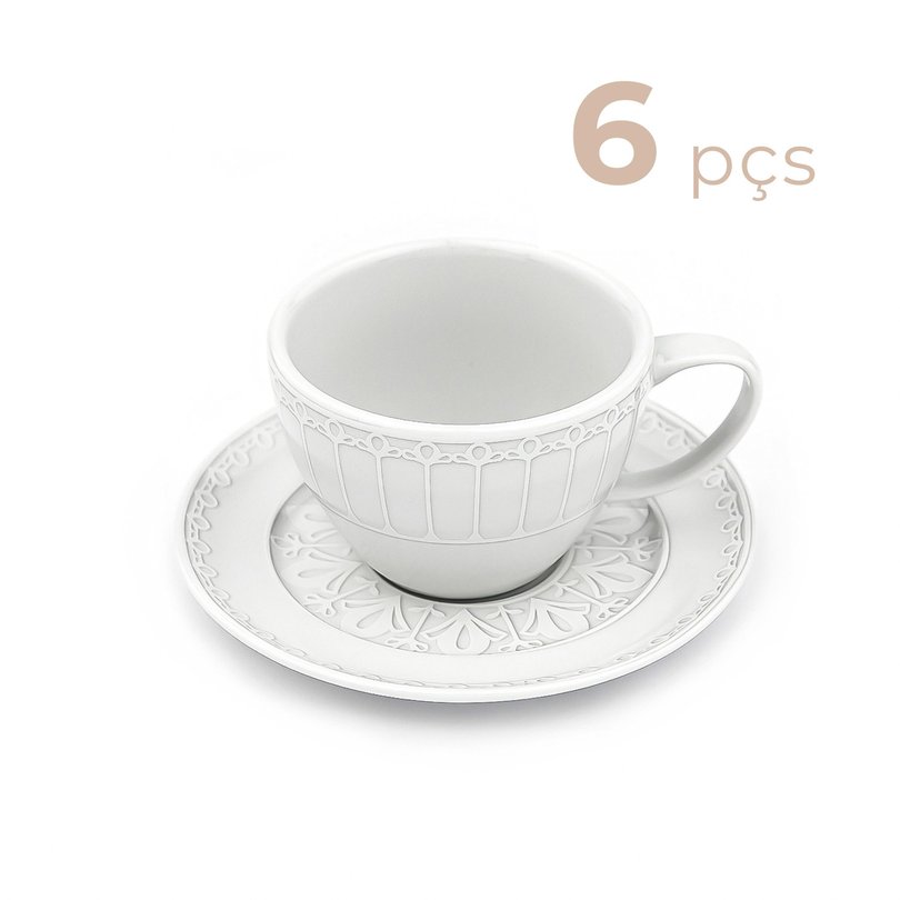 Jogo 6 Xícaras Chá Porcelana Dubai Branco e Dourado 200 ml Wolff