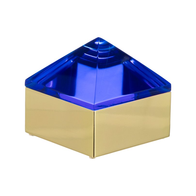 01 caixa decorativa metal dourado tampa piramide resina azul escuro