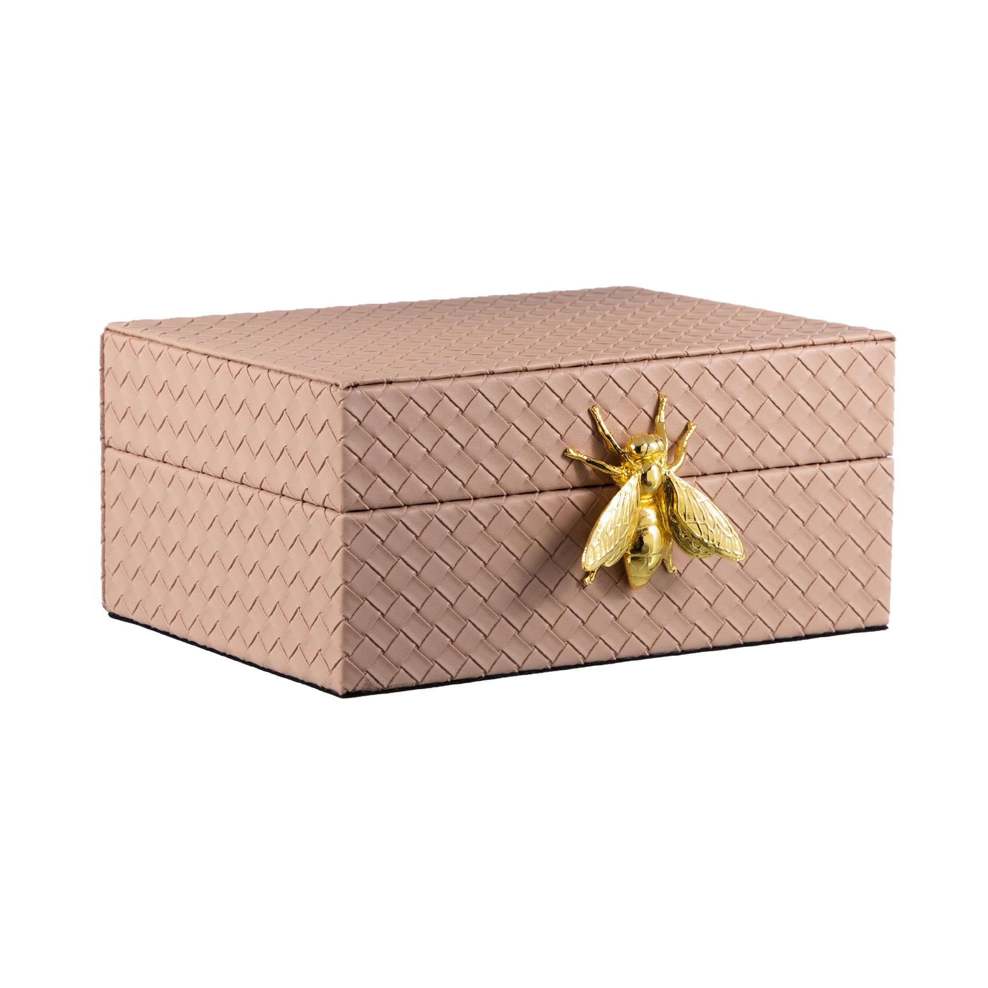 caixa decorativa madeira c revestimento courino bege e abelha dourada g