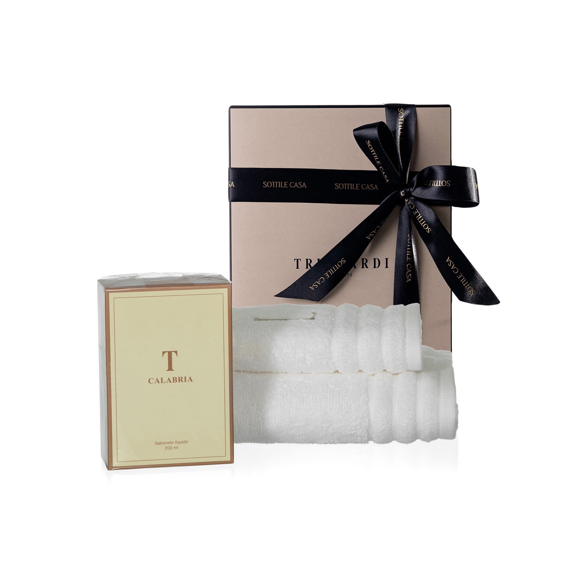 01 kit presente trussardi sabonete liquido calabria 200ml toalhas de lavabo e rosto imperiale branco