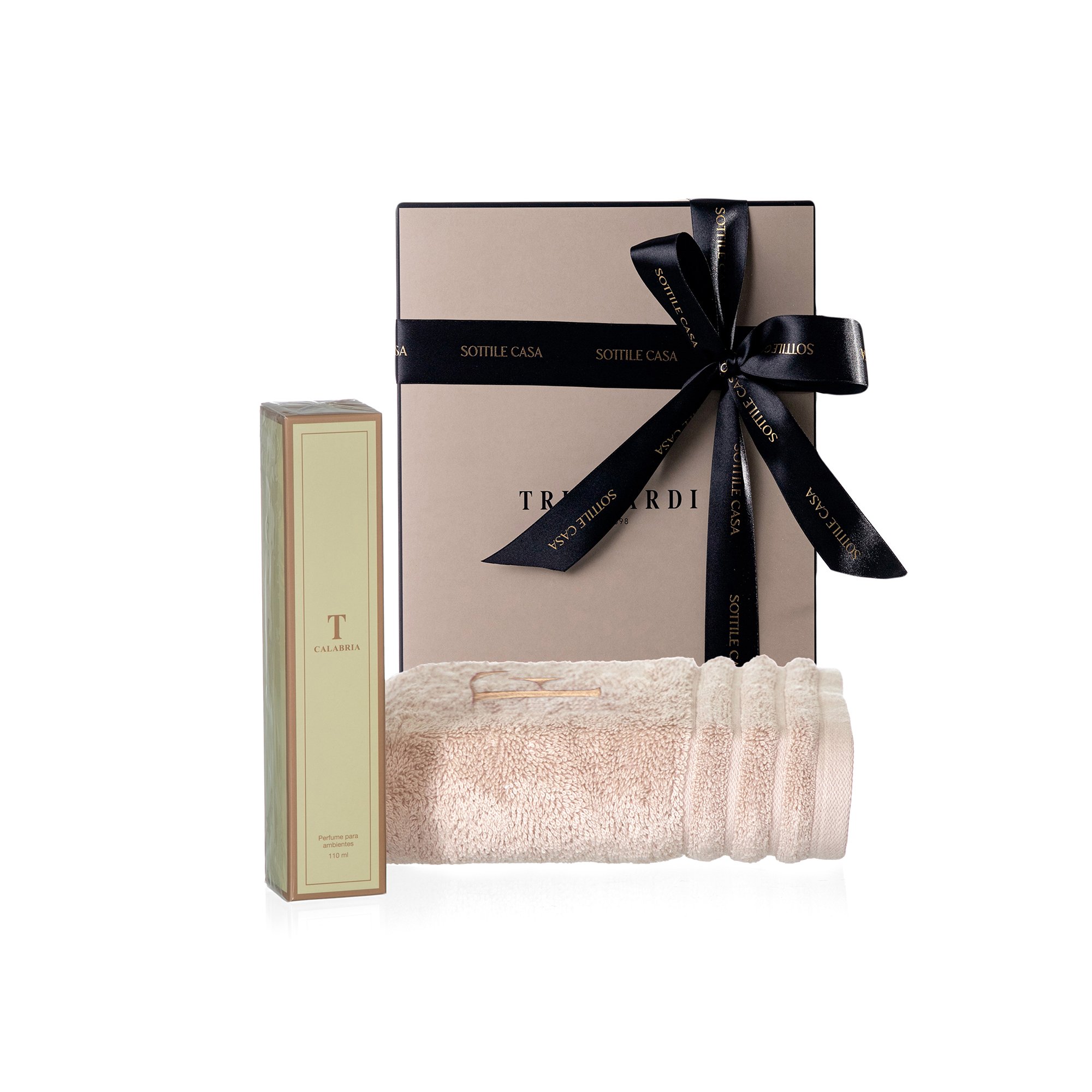kit toalha de rosto 100 algodao trussardi imperiale nocciola com perfume para ambientes trussardi 200ml calabria com caixa de presente 2